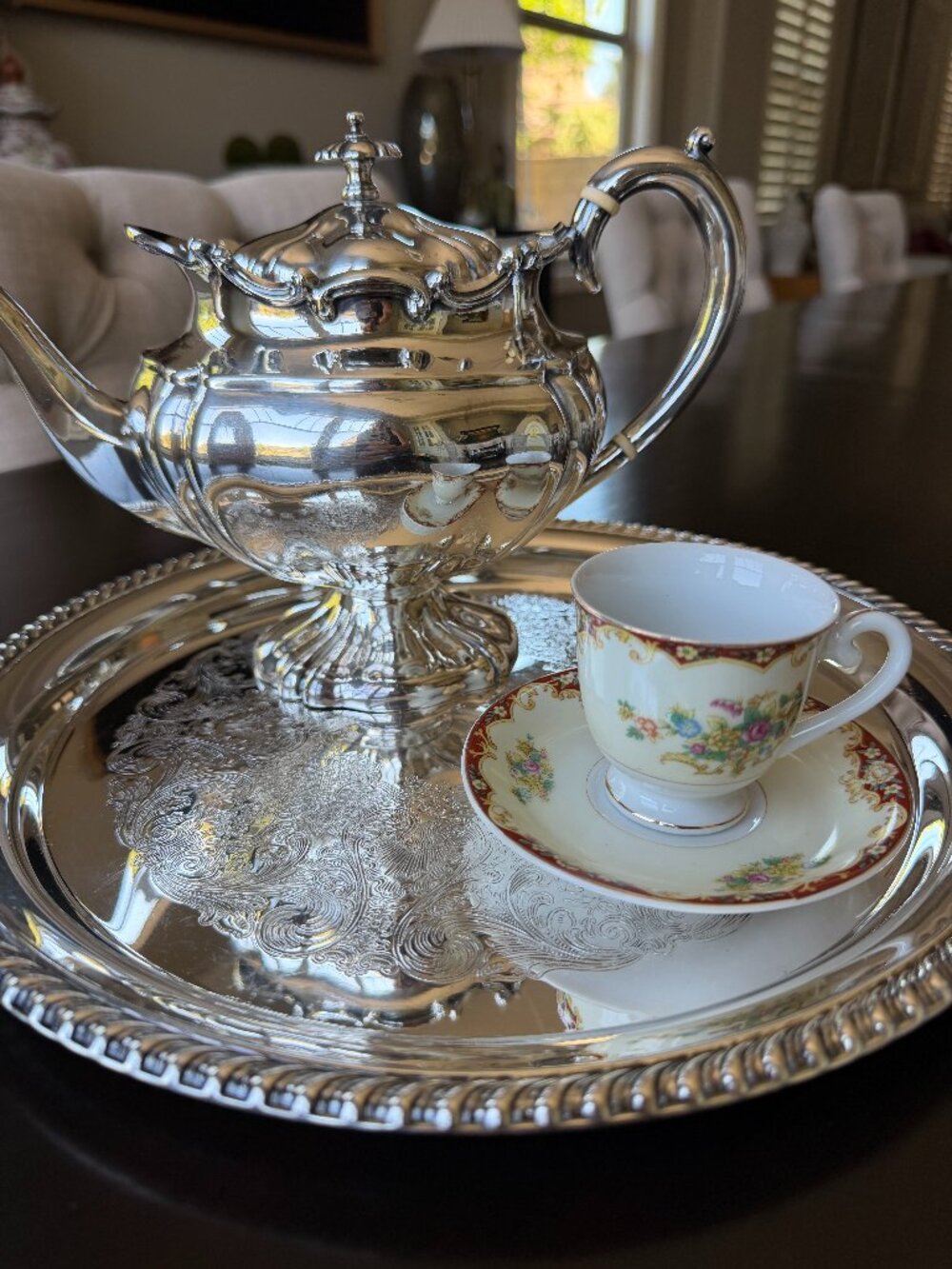 WM Rogers Silverplate Vintage Serving Tray | 12"| Etched Floral Scrollwork